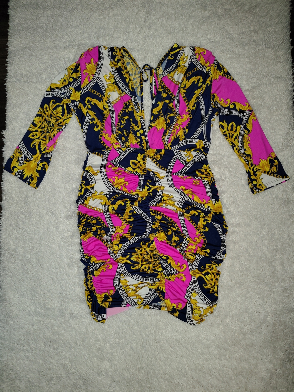 NWOT Pink & Navy Baroque Print Ruched Women’s Dress